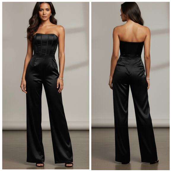 Ramy Brook Pants - Ramy Brook NWT Mira Strapless Black Satin Jumpsuit Wide Leg Boned Bodice size 4